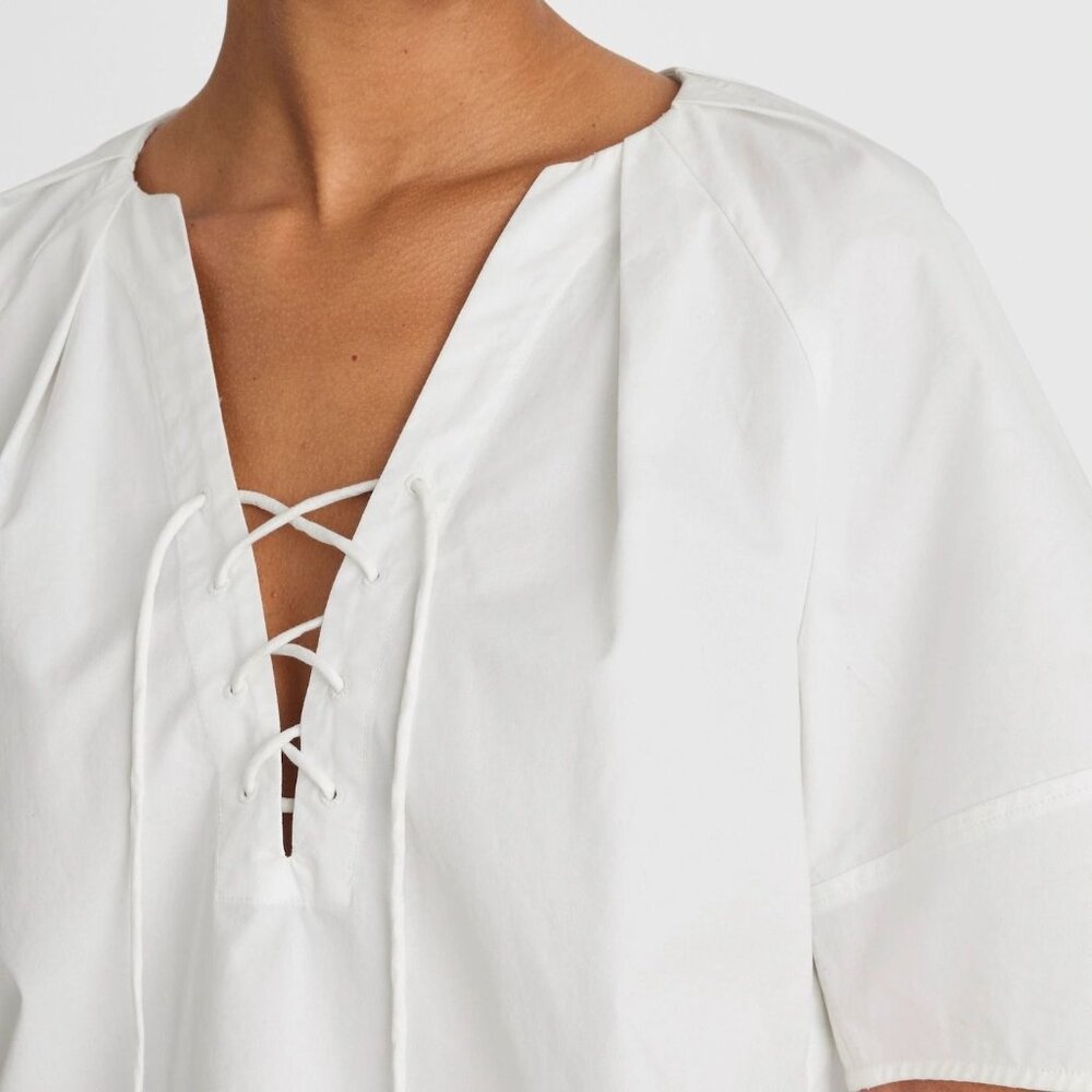 NWT Madewell Women's Sz S White Poplin Lace-Up Top Balloon Sleeves Lightweight - Picture 2 of 10
